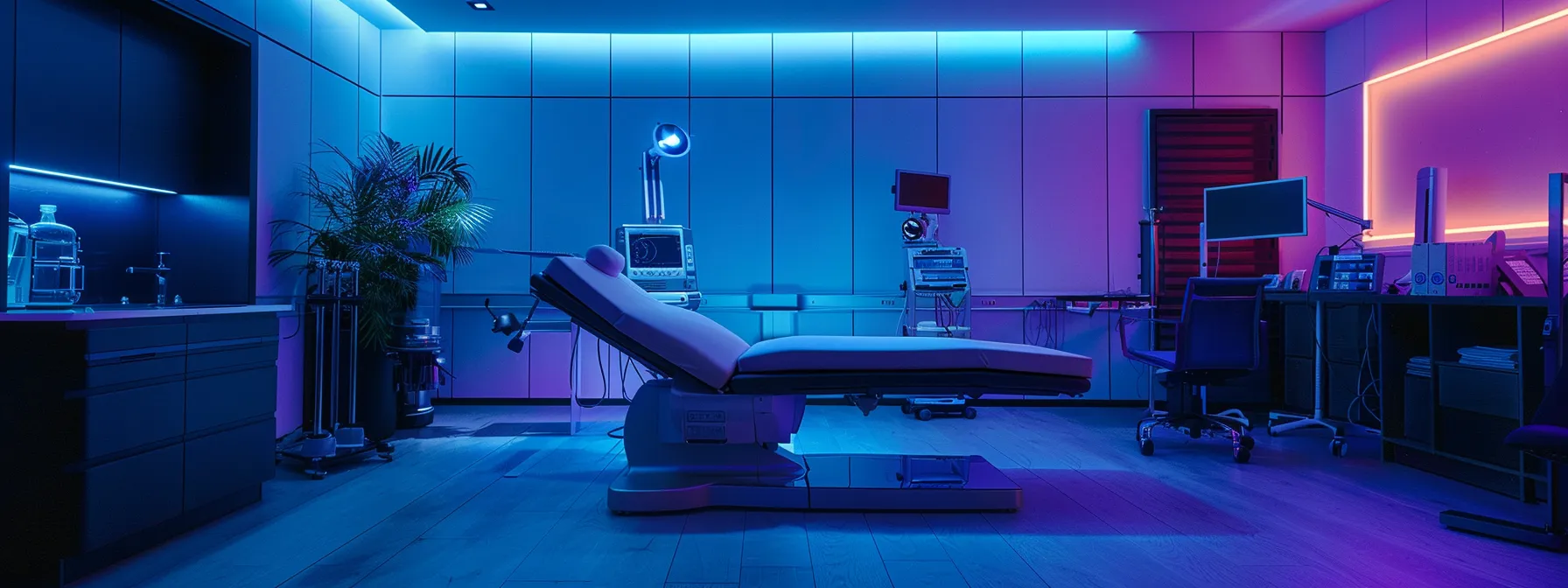 a focused and modern therapy room featuring a high-tech decompression table amidst sleek medical equipment, illuminated by soft, focused lighting, creating a professional atmosphere for treating sciatica symptoms.