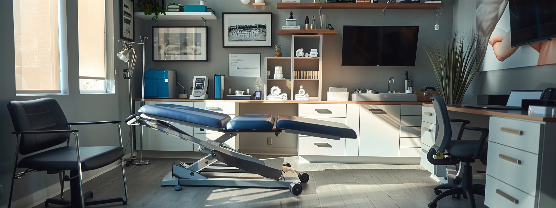 a focused chiropractic clinic interior reveals an athlete receiving soft tissue therapy for sciatica, surrounded by advanced therapeutic equipment and a calm, professional ambiance.