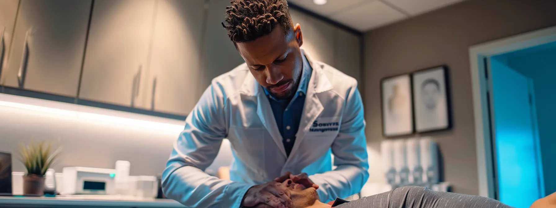 a focused chiropractor examines an athlete in a sleek, modern clinic, using advanced assessment tools to develop a personalized treatment plan for sciatica pain relief, highlighting an environment of professionalism and care.