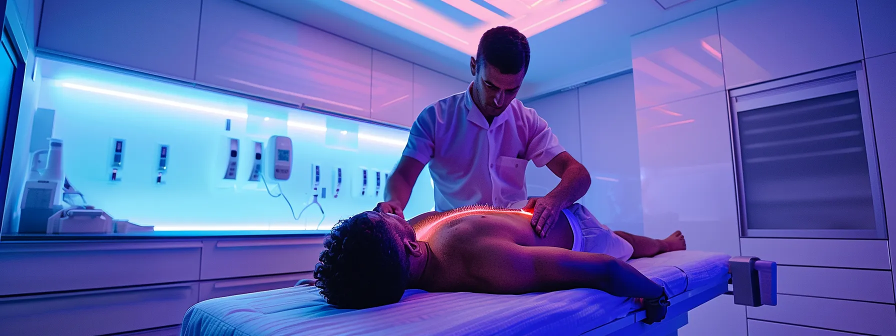 a focused healthcare professional applies targeted trigger point therapy on an athlete's back in a sleek modern therapy room, emphasizing tension release and muscle relaxation to combat sciatica pain.