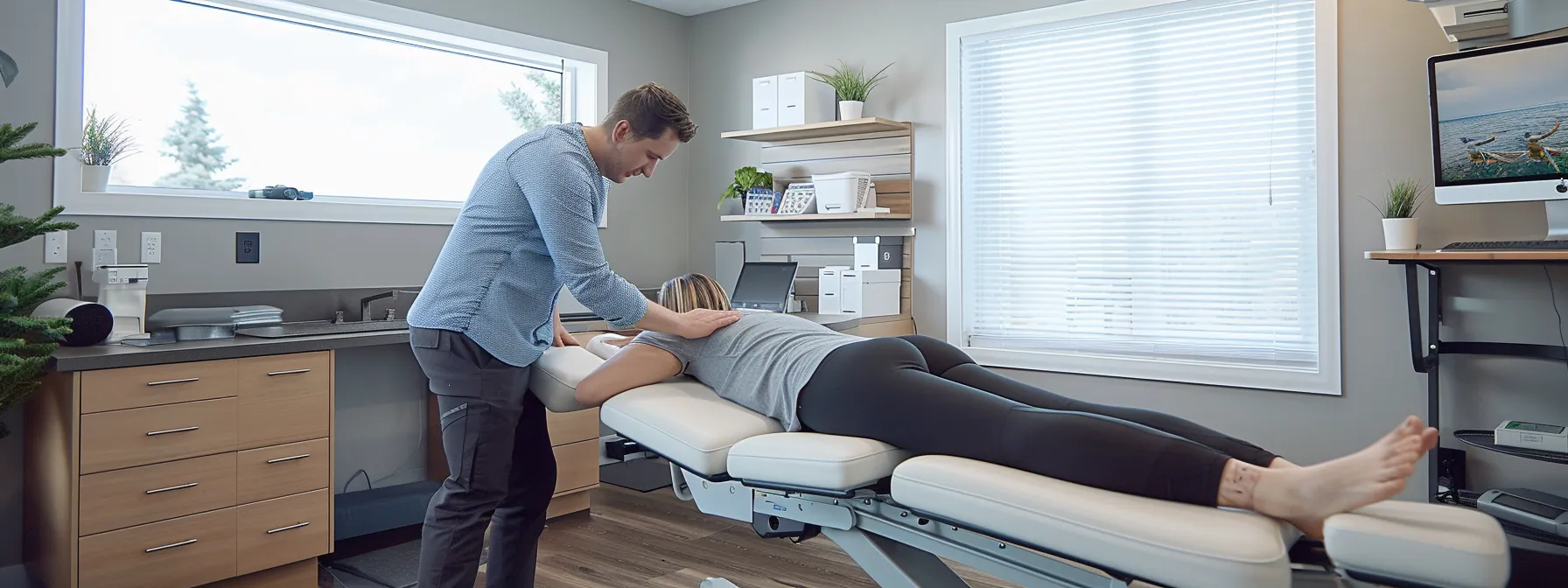 a modern chiropractic clinic interior showcases a focused practitioner performing a precise pelvic adjustment on an athletic patient, surrounded by subtle, calming decor and ergonomically designed treatment equipment, highlighting the clinic's commitment to relieving sciatica pain through specialized techniques.