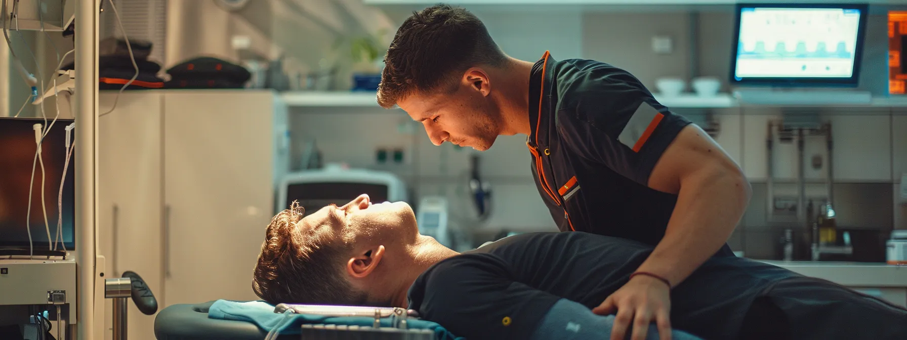 an athlete receiving a spinal adjustment in a modern chiropractic clinic, featuring advanced medical equipment and a focus on precise spinal manipulation techniques, highlighting a clean, professional ambiance that conveys healing and relief from sciatica pain.